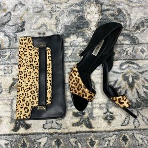 Leopard print peep toe heels with matching clutch